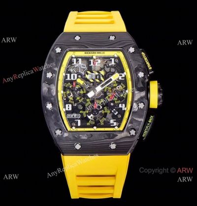 1:1 KV Richard Mille RM-011 Yellow Storm Flyback Chronograph Watch Carbon NTPT Yellow Rubber Strap